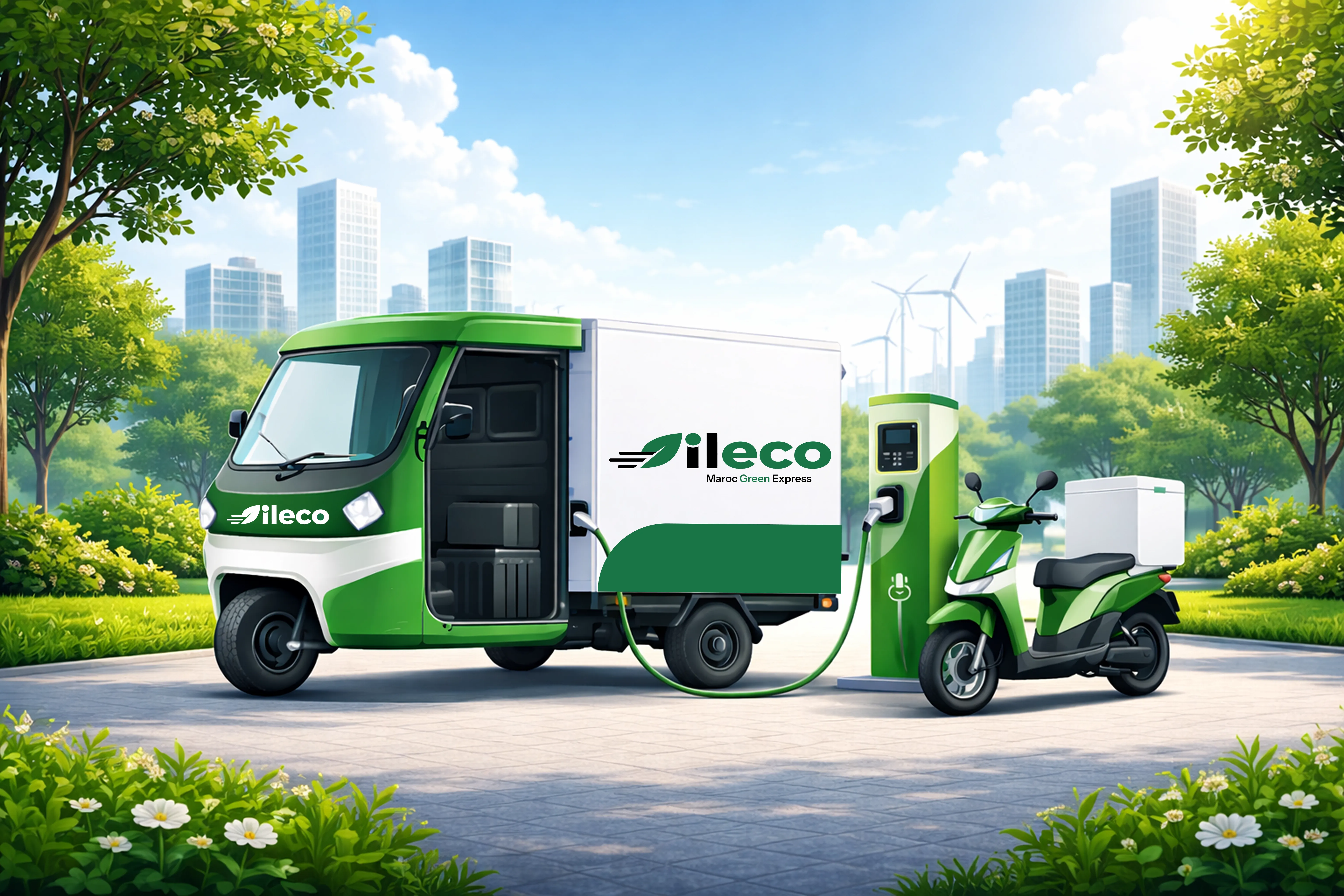 Flotte de véhicules écologiques Ileco dans un environnement urbain vert